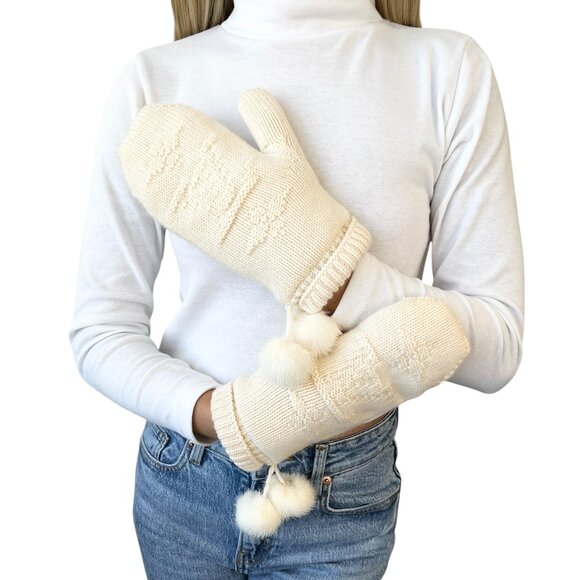 LOUIS VUITTON Vintage LV Logo Knit Gloves Mink Pompons  Cream Cashmere [103888] - Picture 1 of 10